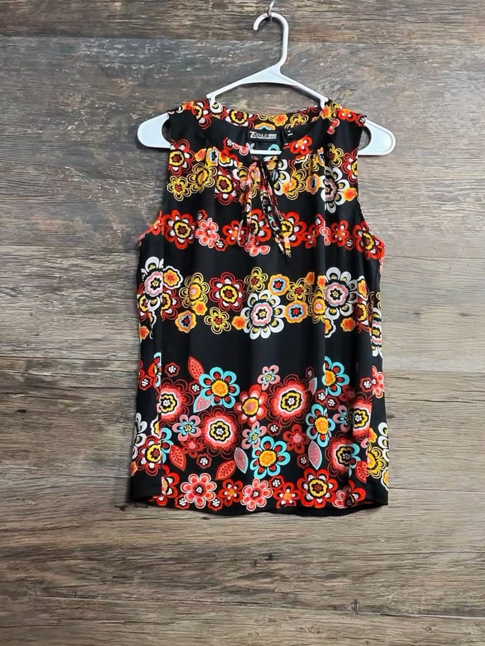 7th Avenue Black Floral Tie-Neck Sleeveless Tank